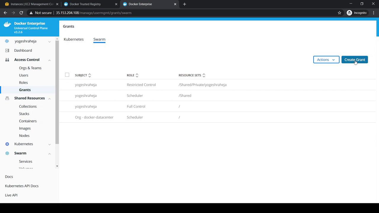The image shows a Docker Enterprise management interface, specifically the "Grants" section under "Swarm," displaying user roles and resource sets. There is an option to create a new grant on the right side.