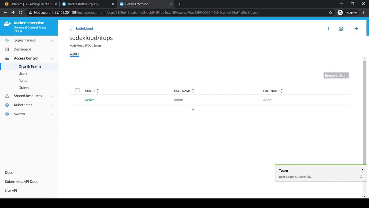 The image shows a Docker Enterprise interface displaying the "kodekloud/itops" team with a user named "adam" listed as active. The interface includes navigation options like Access Control, Kubernetes, and Swarm.