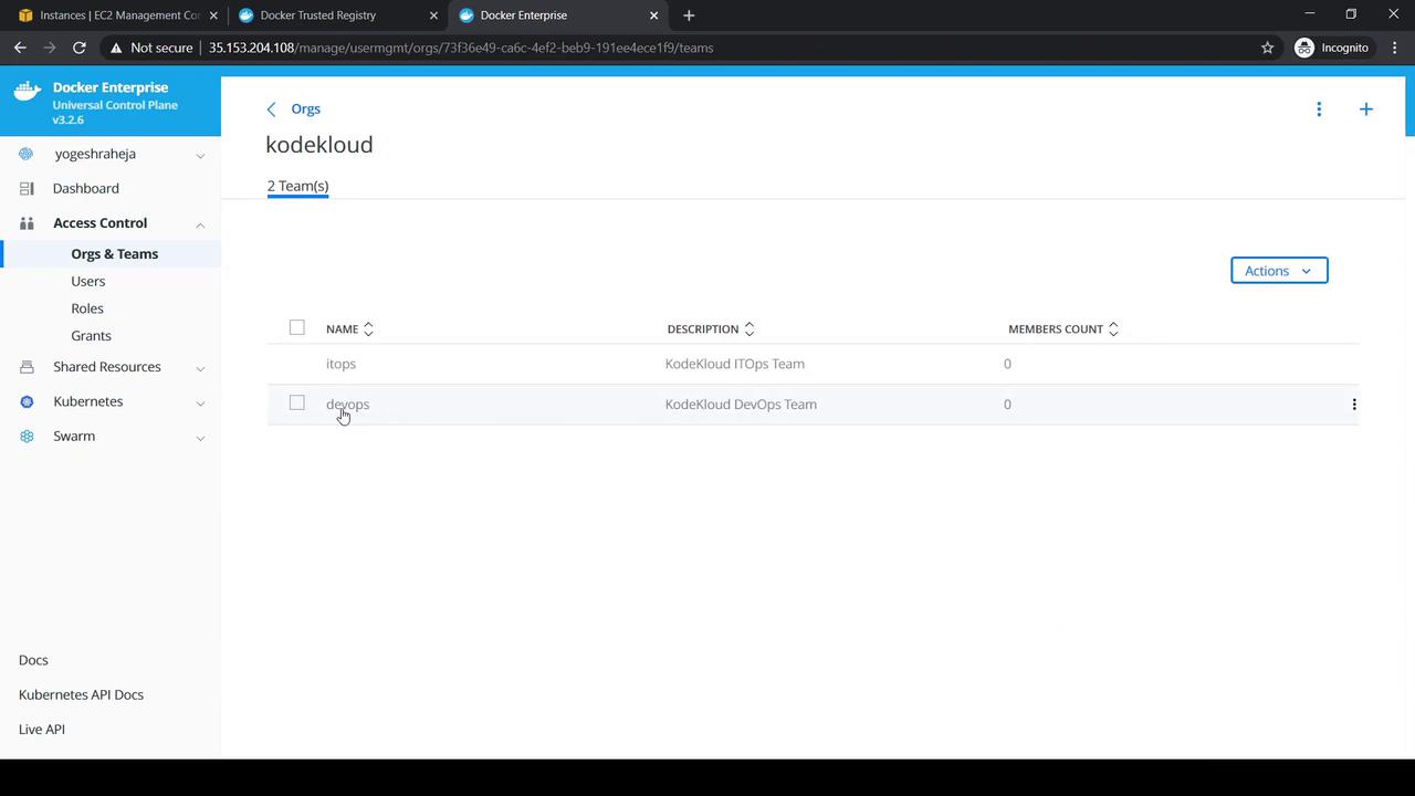 The image shows a Docker Enterprise interface displaying the "Orgs & Teams" section, listing two teams: "itops" and "devops," both with zero members.