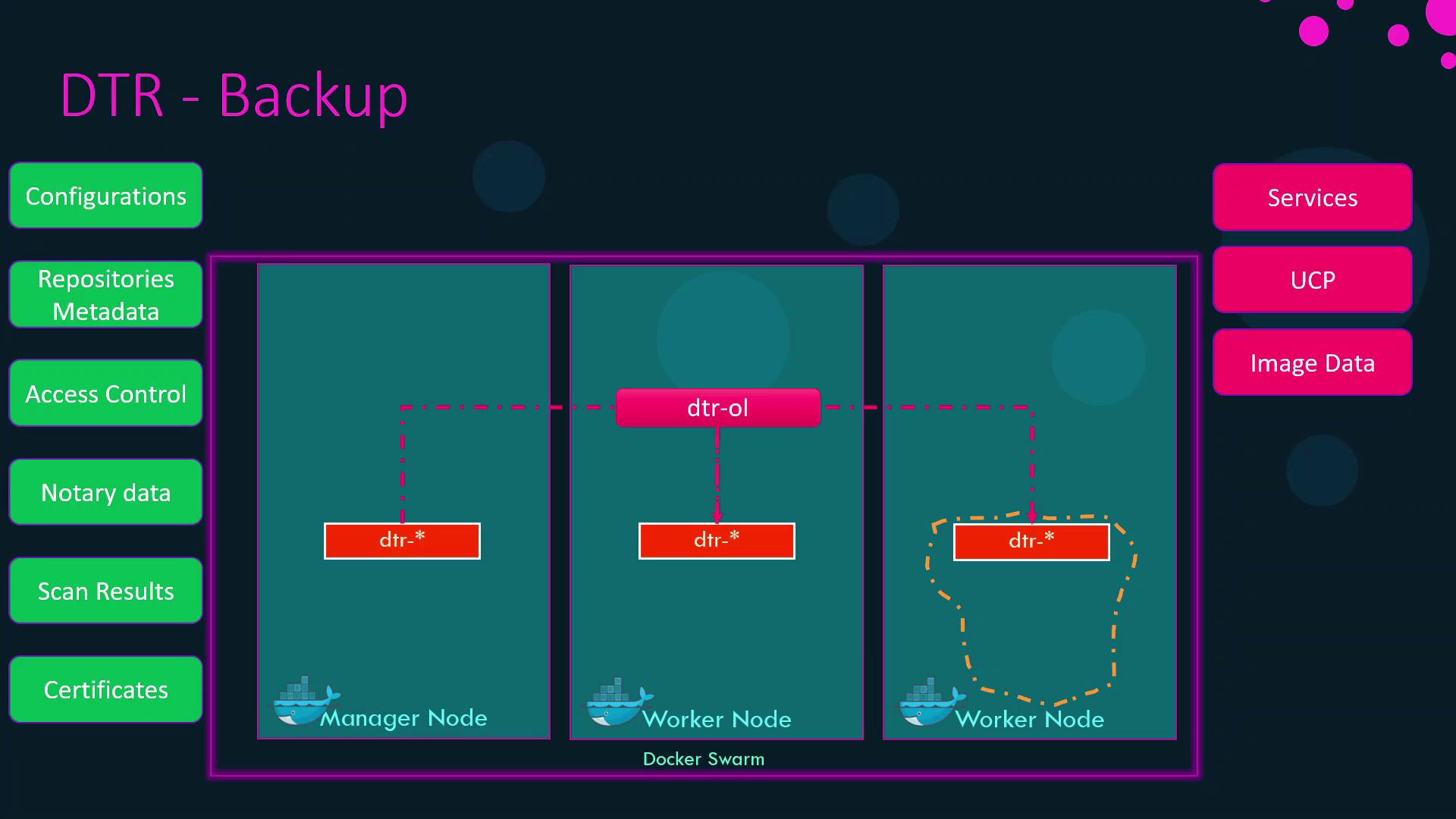 The image is a diagram illustrating a Docker Trusted Registry (DTR) backup setup, showing components like manager and worker nodes, and various data categories such as configurations, services, and image data.