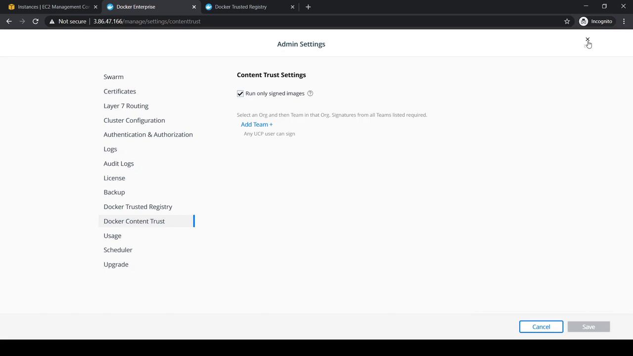 The image shows the "Admin Settings" page of Docker Enterprise, specifically focusing on "Docker Content Trust" settings, with an option to run only signed images.