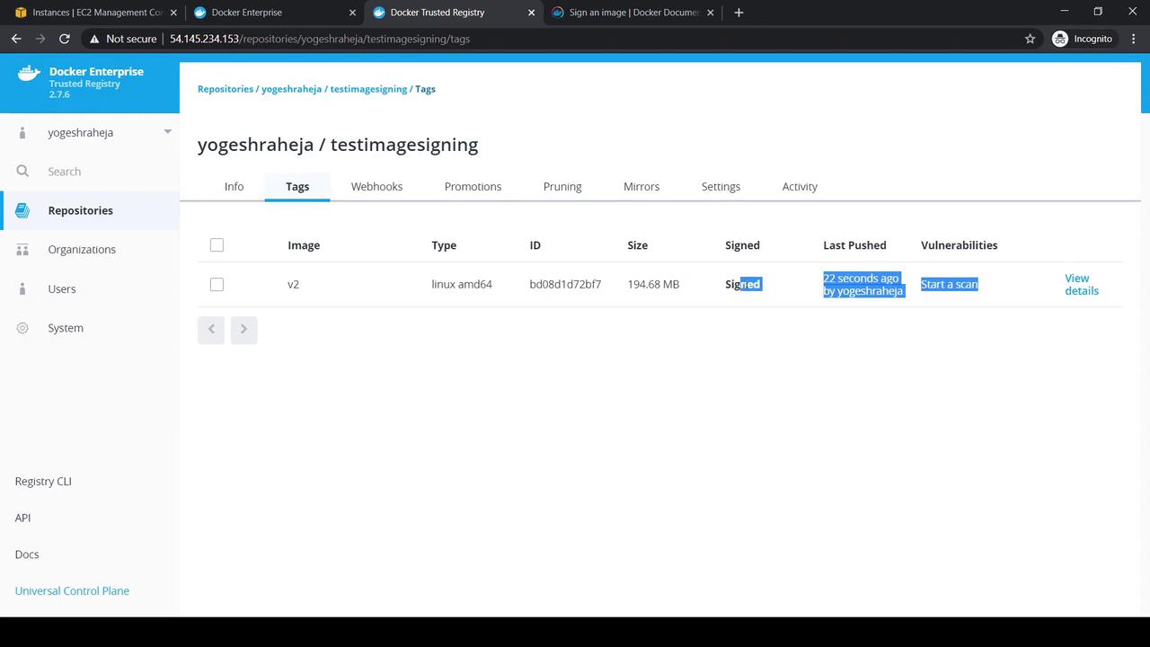 The image shows a Docker Enterprise Trusted Registry interface displaying details of a repository named "testimagesigning," including a signed image tagged "v2" with its type, ID, size, and vulnerability scan options.