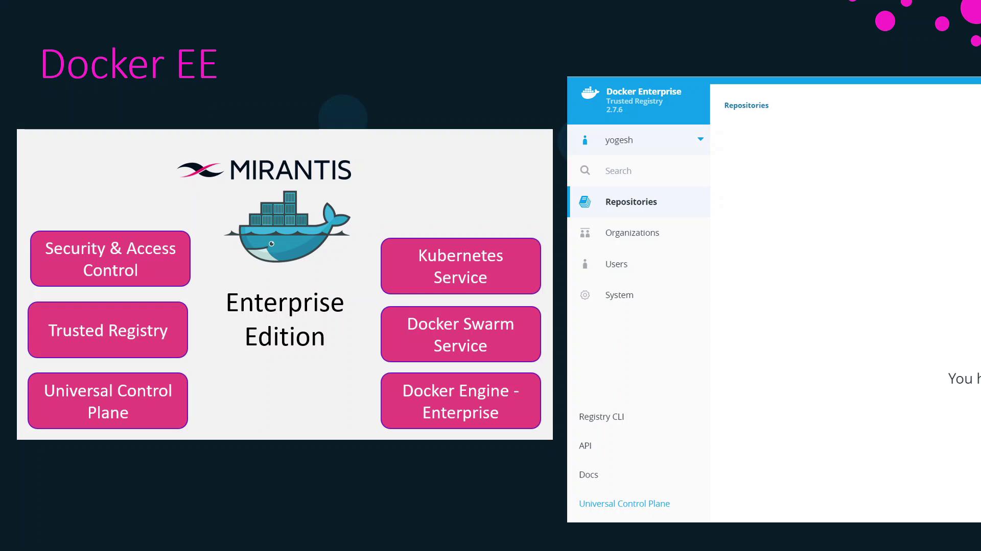 The image is a presentation slide about Docker Enterprise Edition by Mirantis, highlighting features like security, access control, and Kubernetes service. It also shows a user interface for Docker Enterprise Trusted Registry.