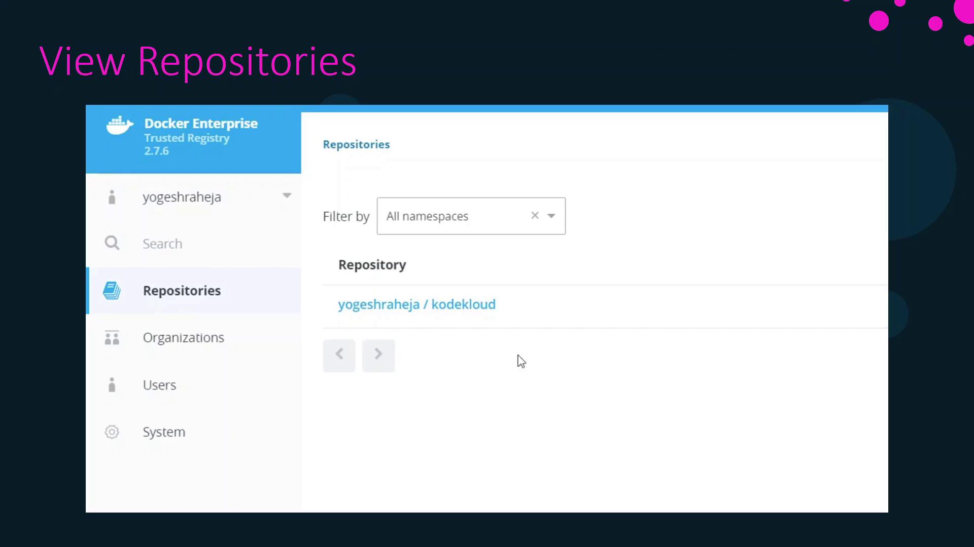 The image shows a Docker Enterprise Trusted Registry interface with a repository named "yogeshraja / kodekloud" displayed. The sidebar includes options like Repositories, Organizations, Users, and System.