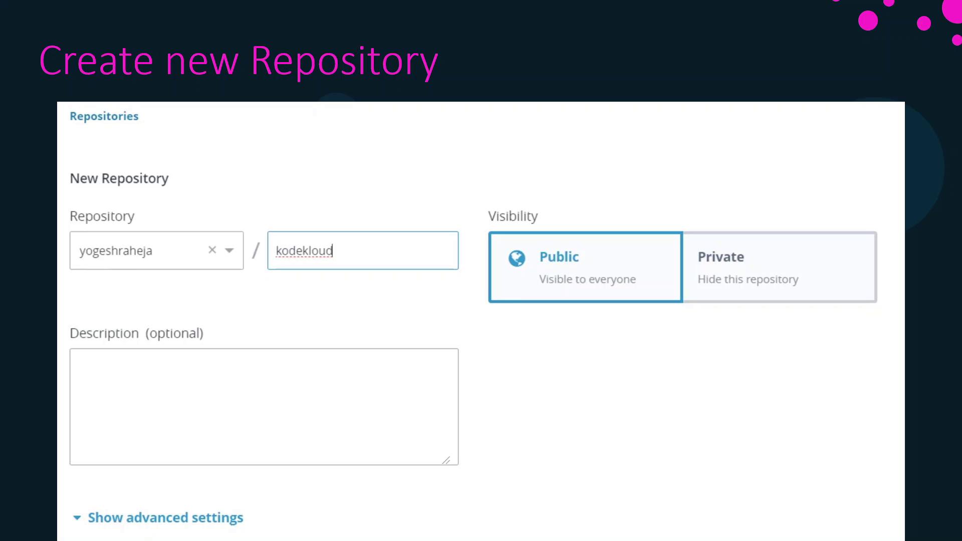 The image shows a form for creating a new repository, with fields for the repository name, description, and visibility options (public or private).