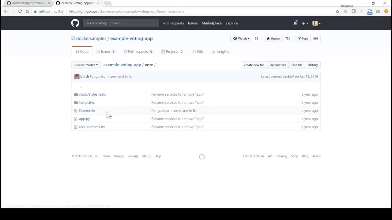 The image shows a GitHub repository page for "dockersamples/example-voting-app" with a list of files and directories, including "Dockerfile" and "app.py". The page is in the "vote" directory of the master branch.