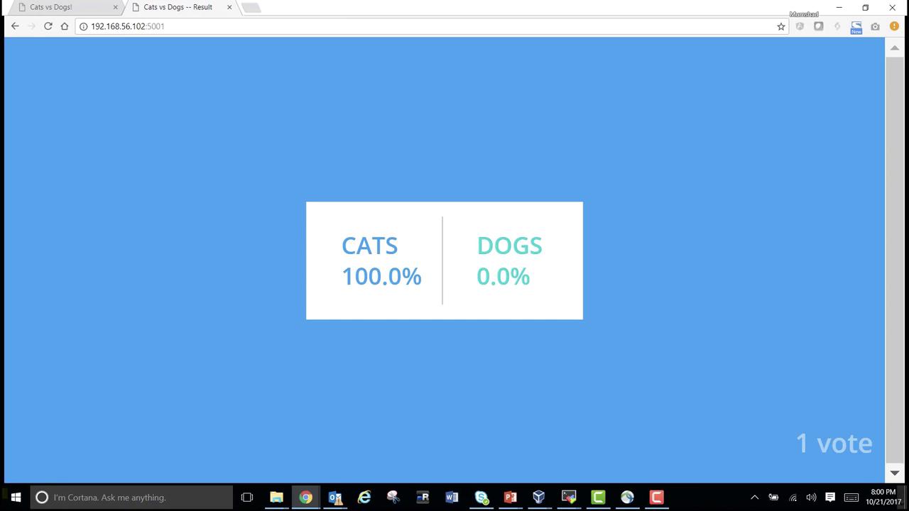 The image shows a voting result with "CATS" at 100.0% and "DOGS" at 0.0% on a blue background. There is one vote recorded.