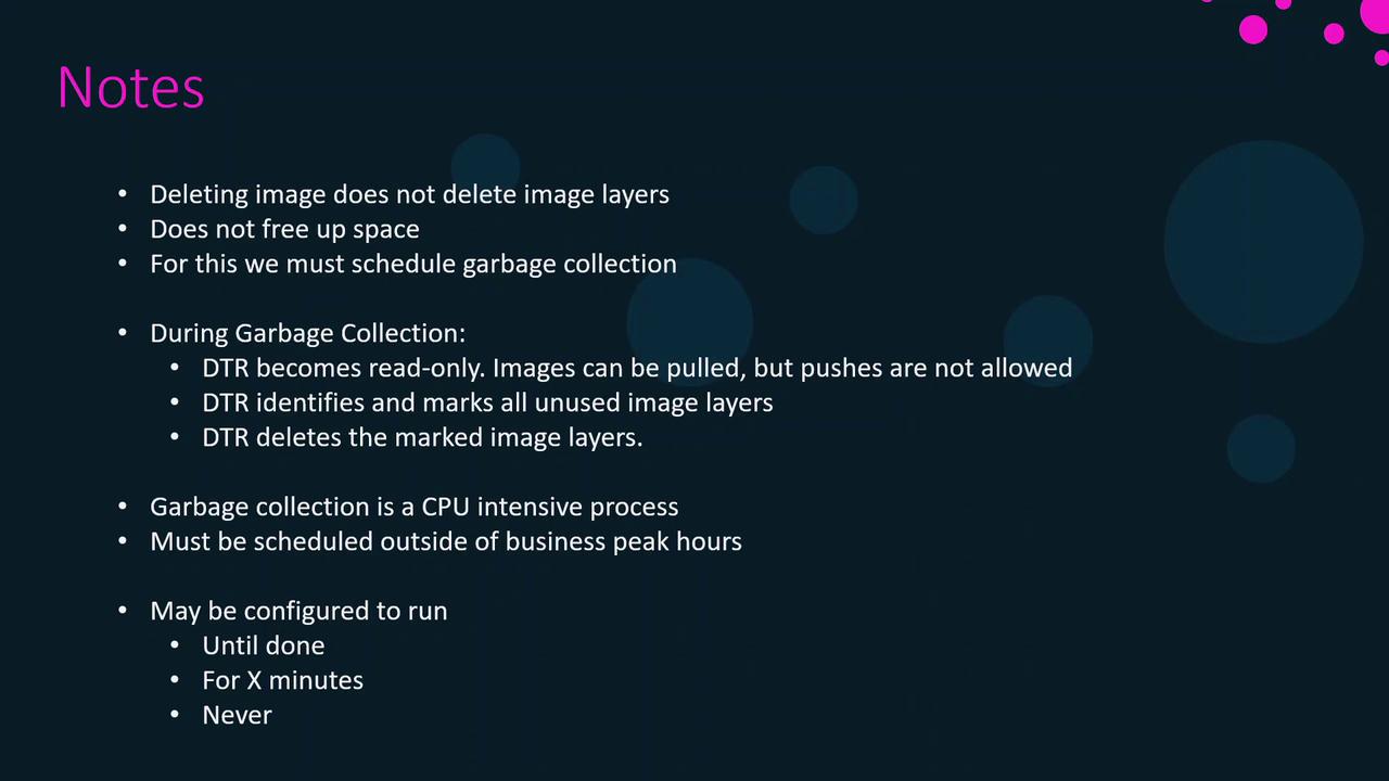 The image contains notes about garbage collection in a system, explaining that deleting images doesn't free up space and detailing the process and considerations for scheduling garbage collection.