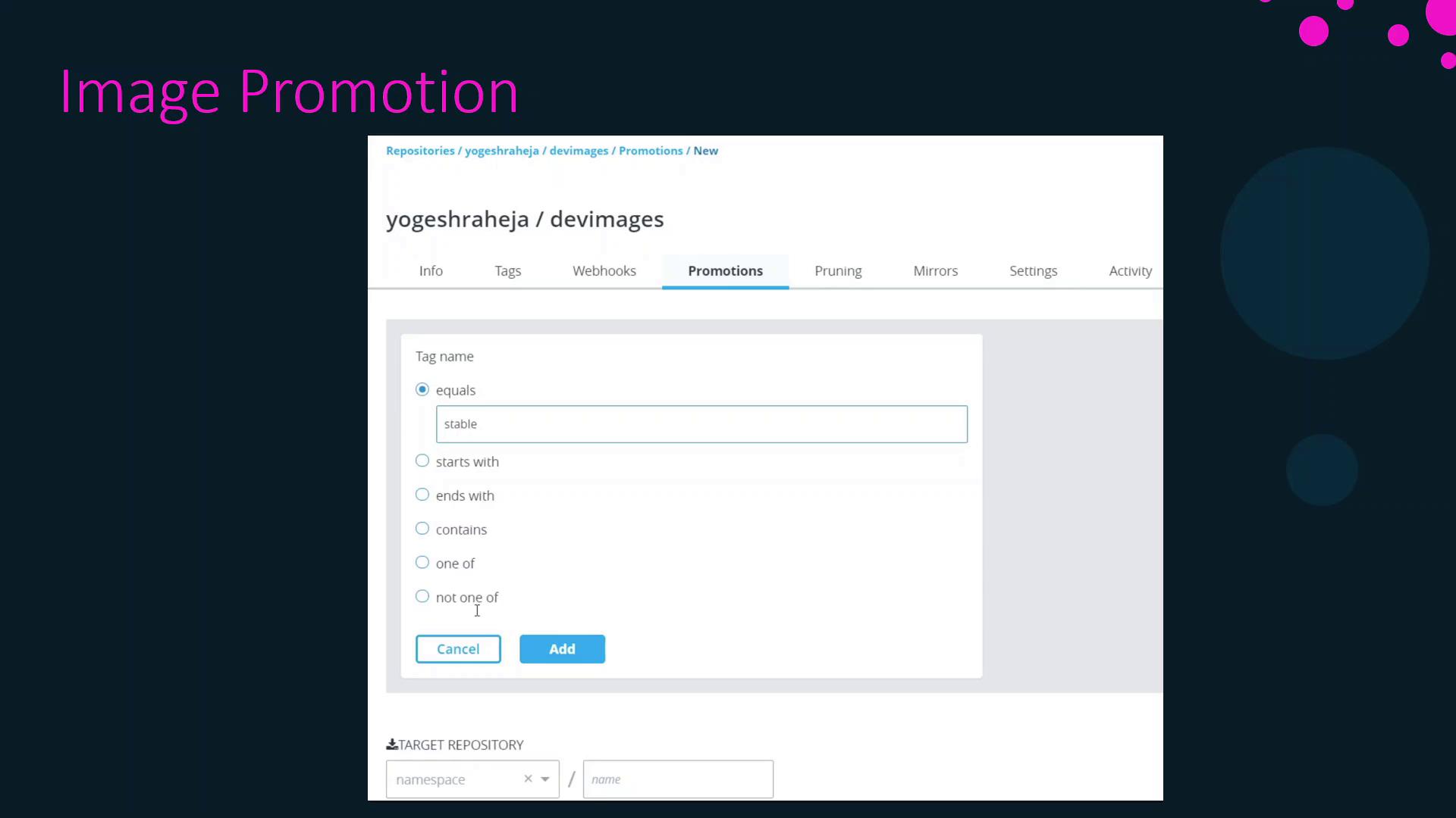 The image shows a software interface for managing image promotions, with options to set tag names and conditions like "equals," "starts with," and others. The interface includes buttons for canceling or adding the promotion.