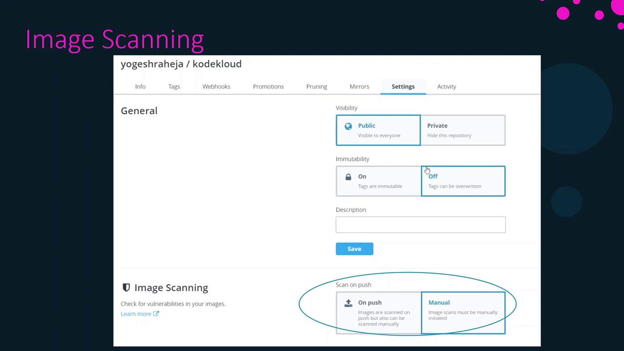 The image shows a software interface for image scanning settings, including options for visibility, immutability, and scan on push preferences.