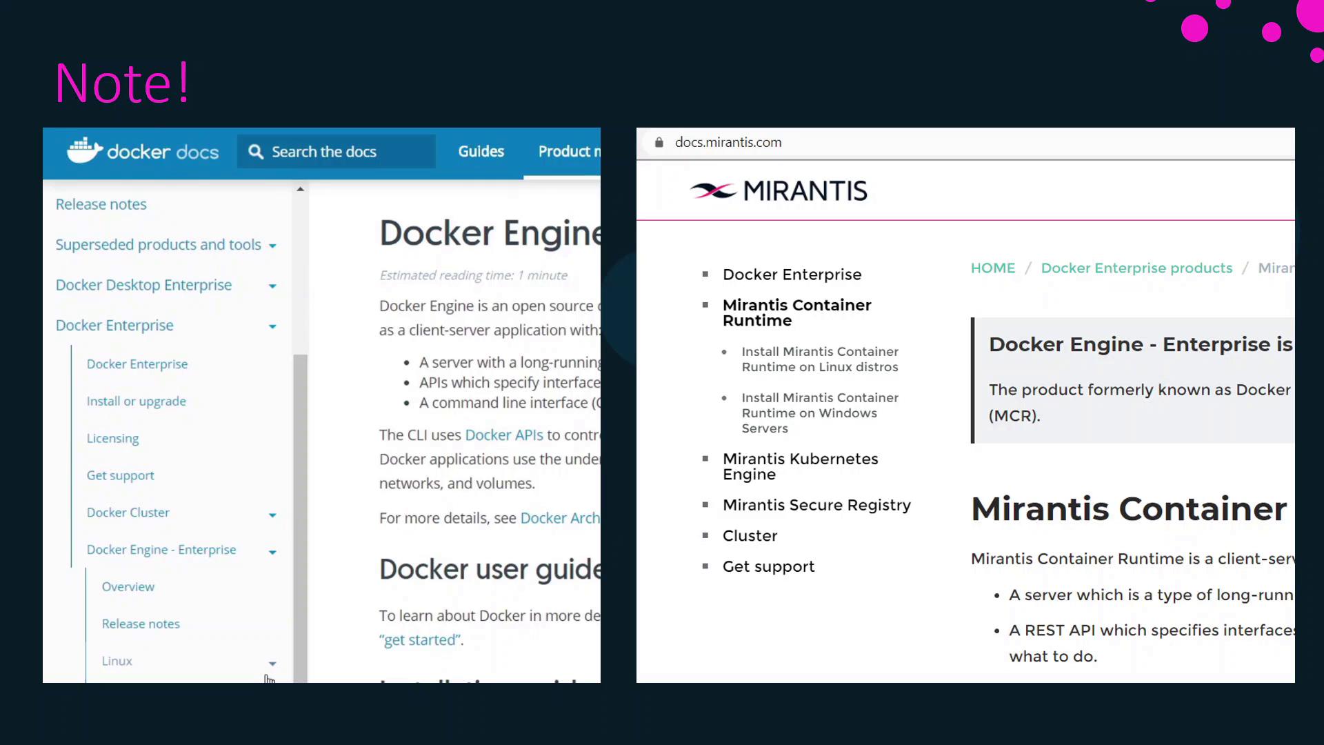 The image shows two documentation pages side by side, one from Docker Docs and the other from Mirantis, both discussing Docker Engine and related container technologies.