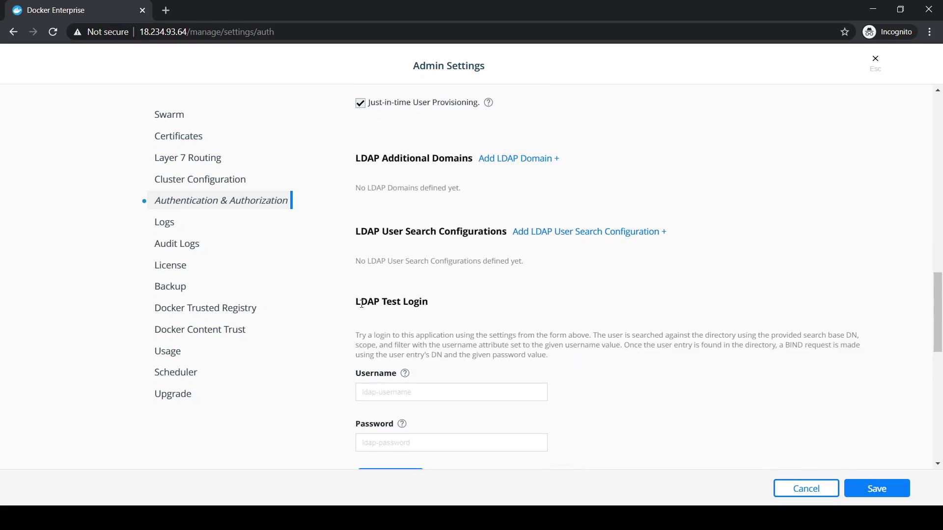 The image shows the "Admin Settings" page of Docker Enterprise, specifically focusing on "Authentication & Authorization" settings, including options for LDAP configuration and test login.