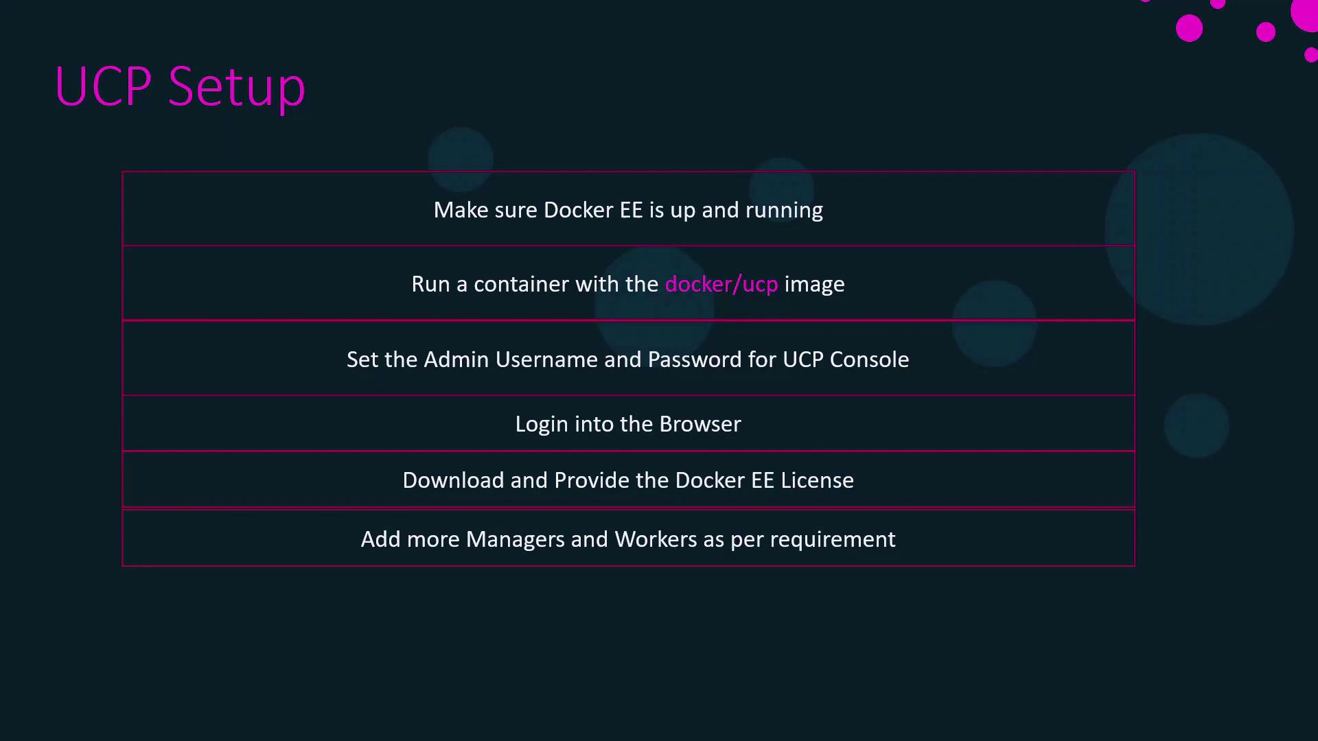 The image outlines steps for setting up UCP (Universal Control Plane) with Docker EE, including running a container, setting admin credentials, and adding managers and workers.