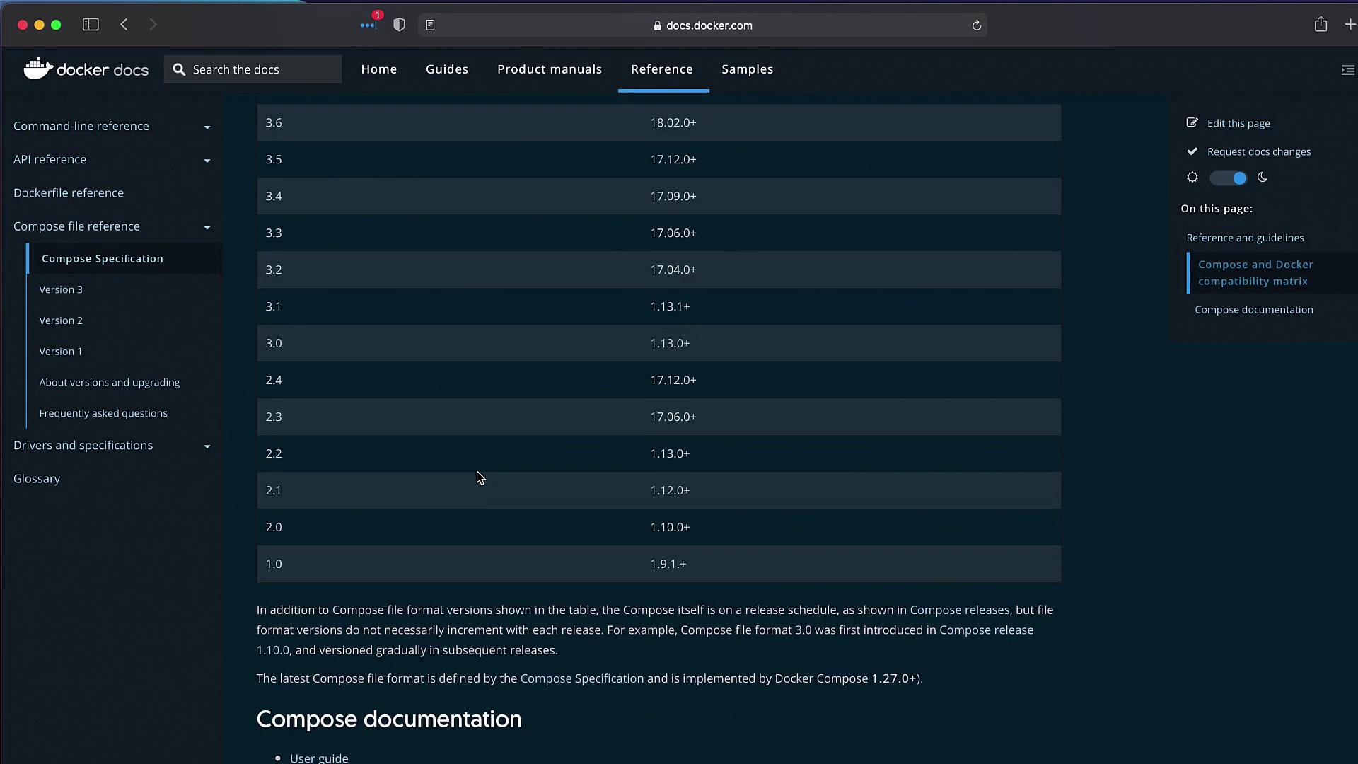 The image shows a section of the Docker documentation website, displaying a compatibility matrix for Docker Compose versions and their corresponding Docker versions.