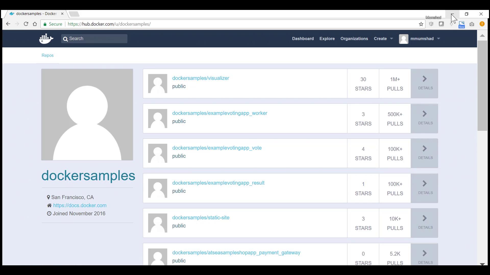 The image shows a Docker Hub profile page for "dockersamples," listing public repositories with their stars and pull counts.