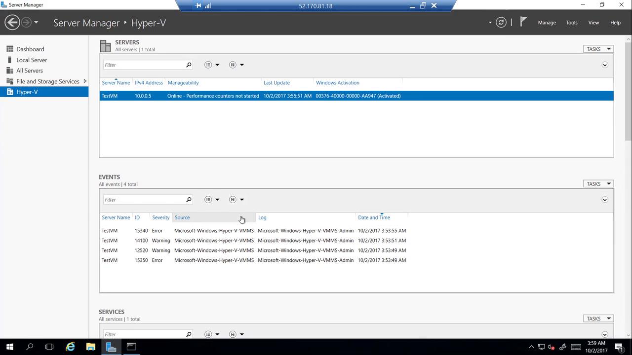 The image shows a Windows Server Manager interface for Hyper-V, displaying server details, events with errors and warnings, and a list of services.