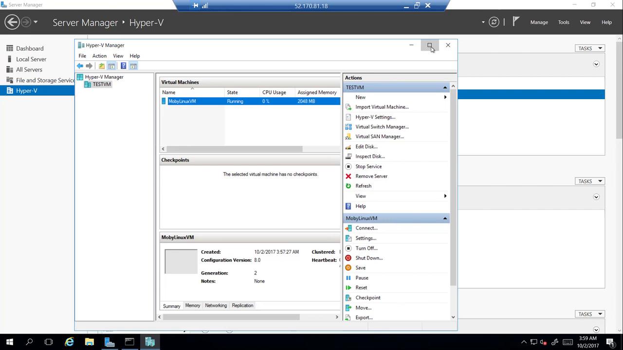 The image shows the Hyper-V Manager interface with a virtual machine named "MobyLinuxVM" running, displaying its status, CPU usage, and memory allocation.