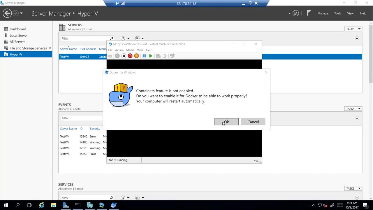 The image shows a Windows Server Manager with a Docker for Windows prompt asking to enable the Containers feature, requiring a computer restart.