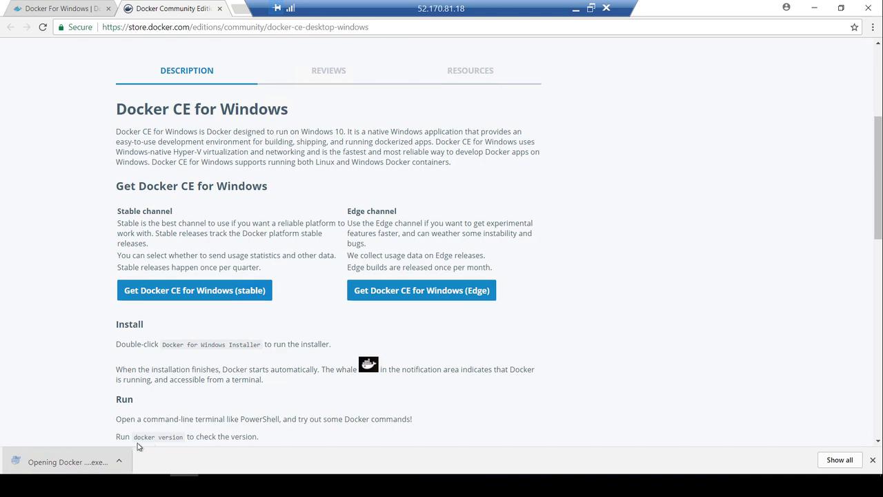 The image shows a webpage for downloading Docker CE for Windows, offering stable and edge versions, with installation and running instructions.