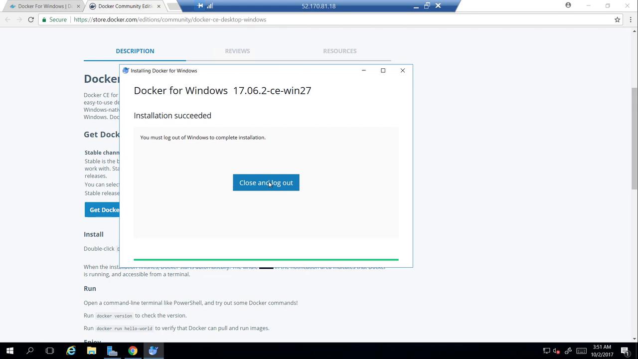 The image shows a successful installation message for Docker for Windows, version 17.06.2, prompting the user to log out to complete the installation.