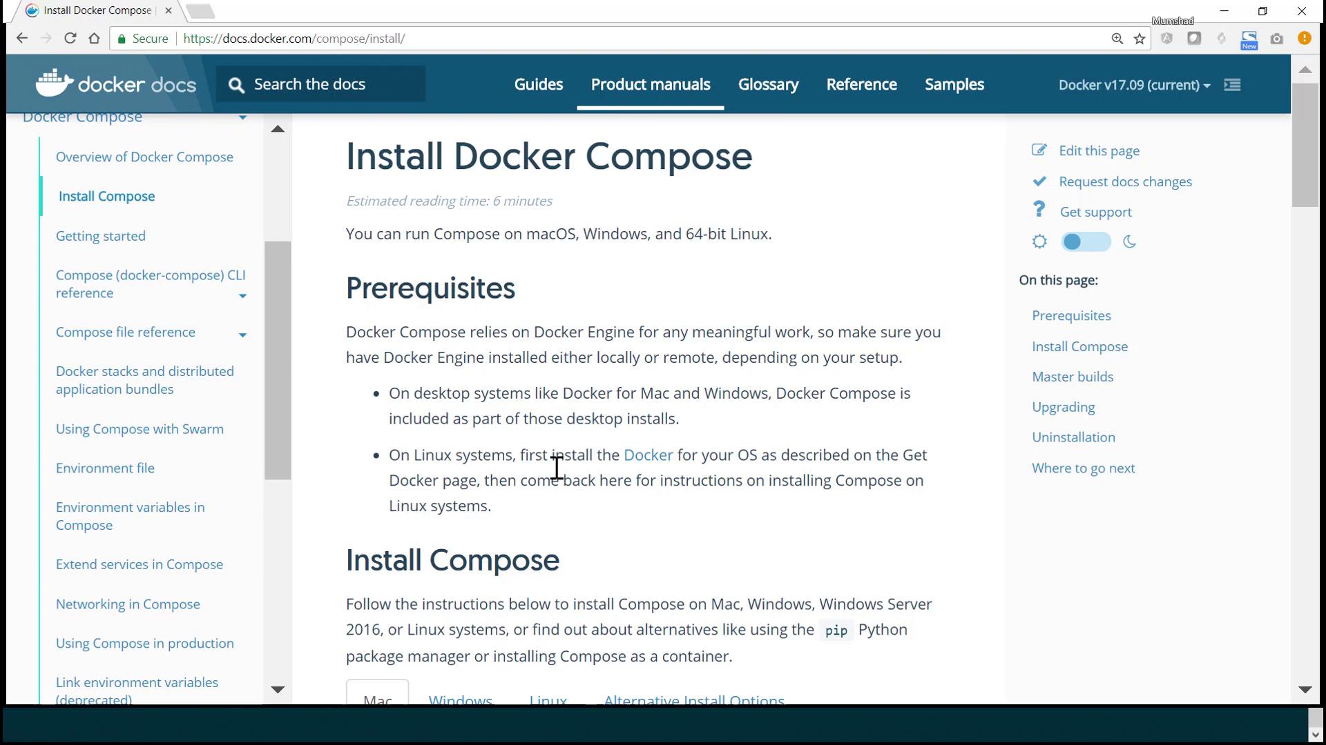 The image shows a webpage from Docker Docs detailing the installation process for Docker Compose, including prerequisites and installation instructions for various operating systems.