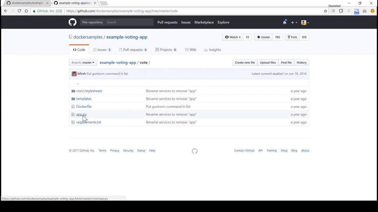 The image shows a GitHub repository page for "example-voting-app," displaying files like Dockerfile and app.py in the "vote" directory.
