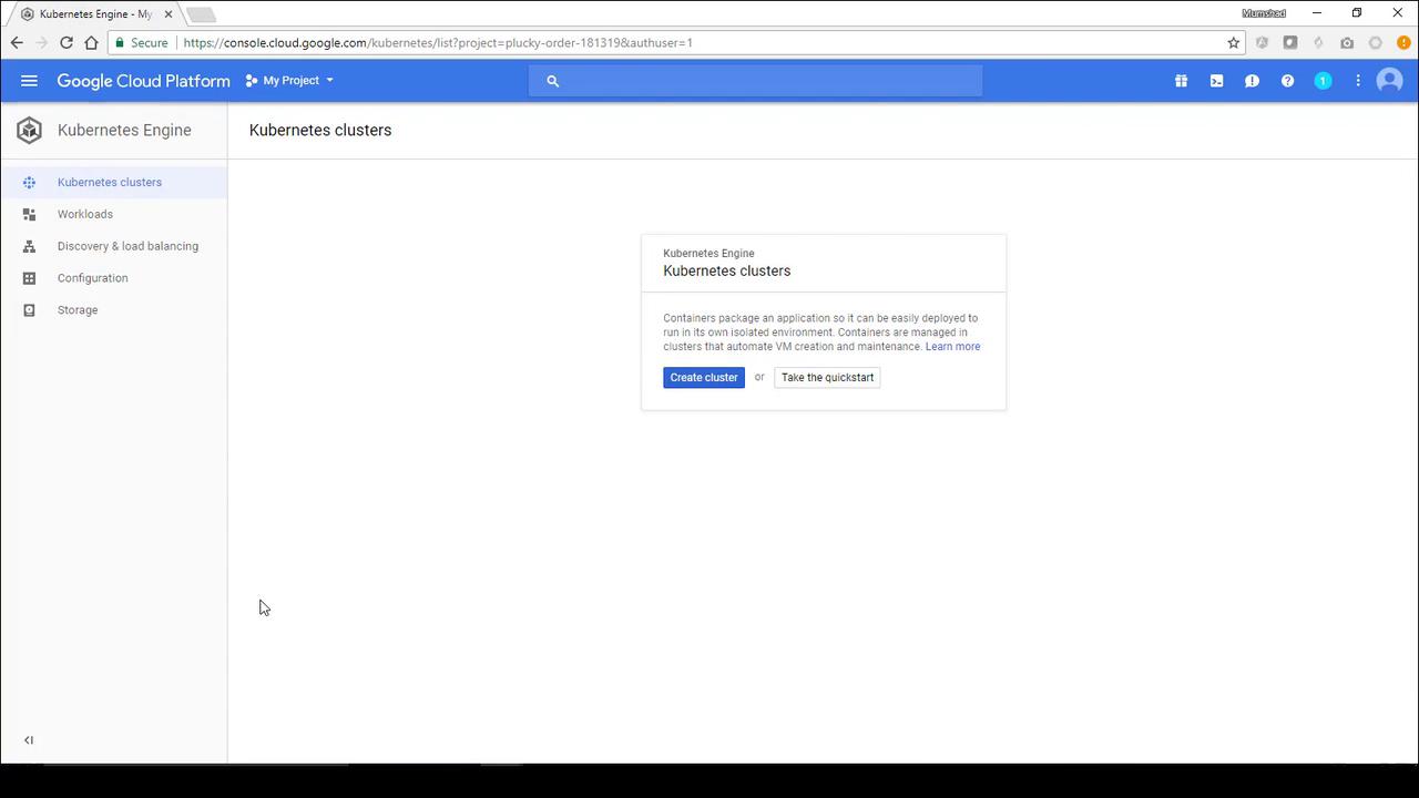 The image shows the Google Cloud Platform interface for managing Kubernetes clusters, with options to create a cluster or take a quickstart tutorial.