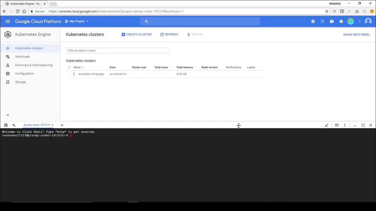 The image shows the Google Cloud Platform interface displaying Kubernetes clusters, with a Cloud Shell terminal open at the bottom.