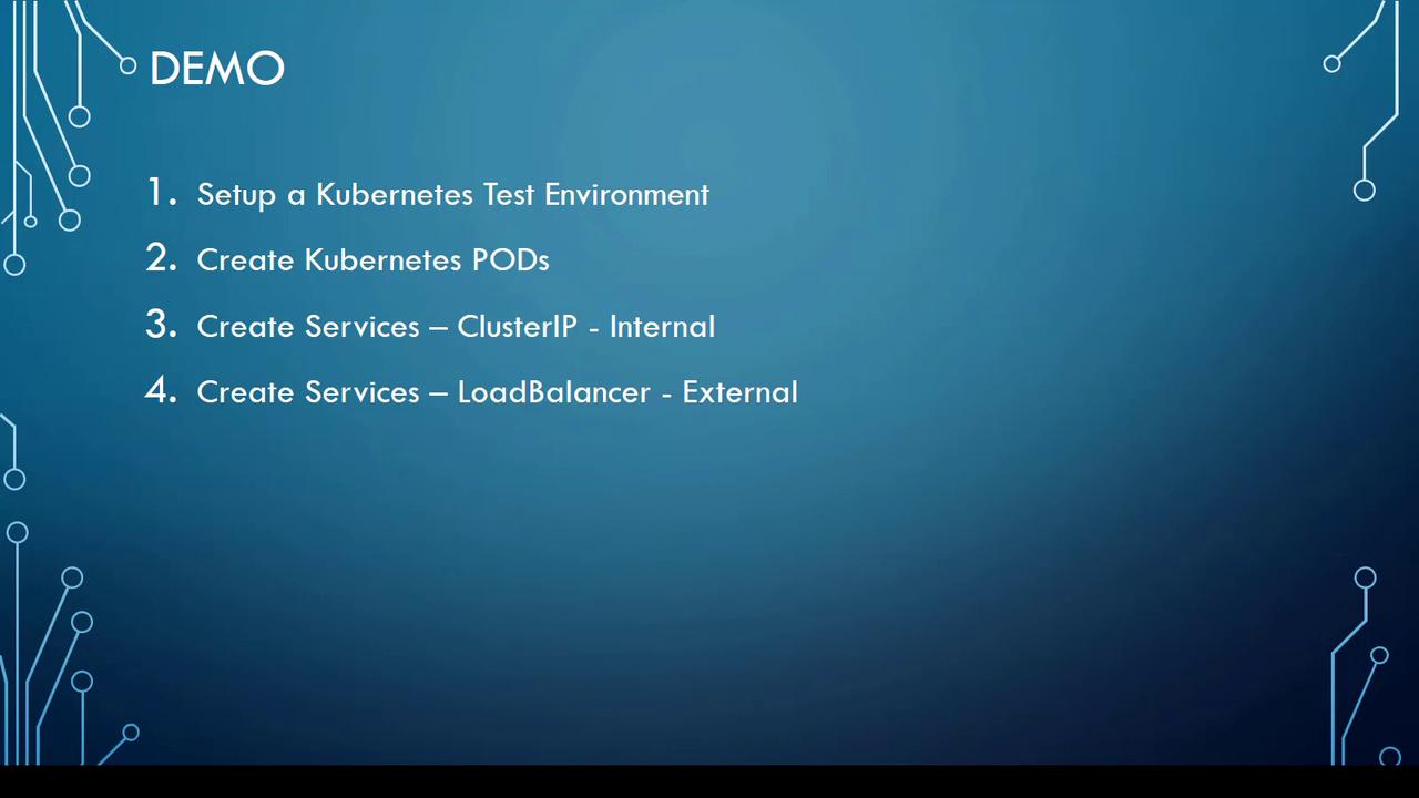 The image is a slide titled "DEMO" outlining steps for setting up a Kubernetes test environment, creating pods, and services with ClusterIP and LoadBalancer.