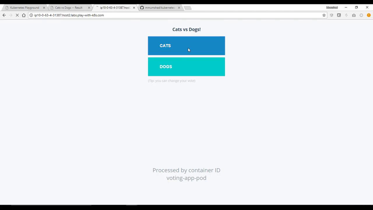 A web page titled "Cats vs Dogs!" with buttons to vote for either "CATS" or "DOGS," processed by a container ID.