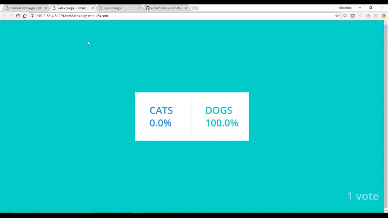 The image shows a voting result with "Cats" at 0.0% and "Dogs" at 100.0%, with a total of 1 vote.