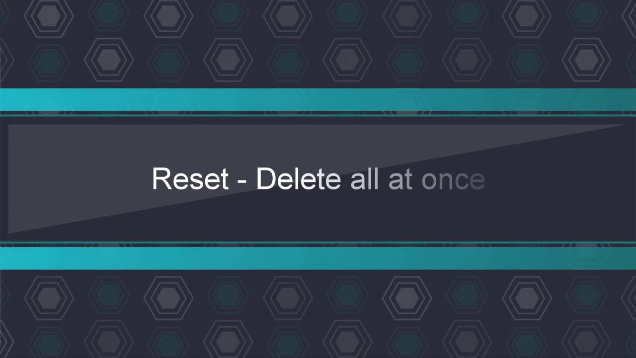 The image features a dark background with hexagonal patterns and a central text box stating "Reset - Delete all at once" in white font.
