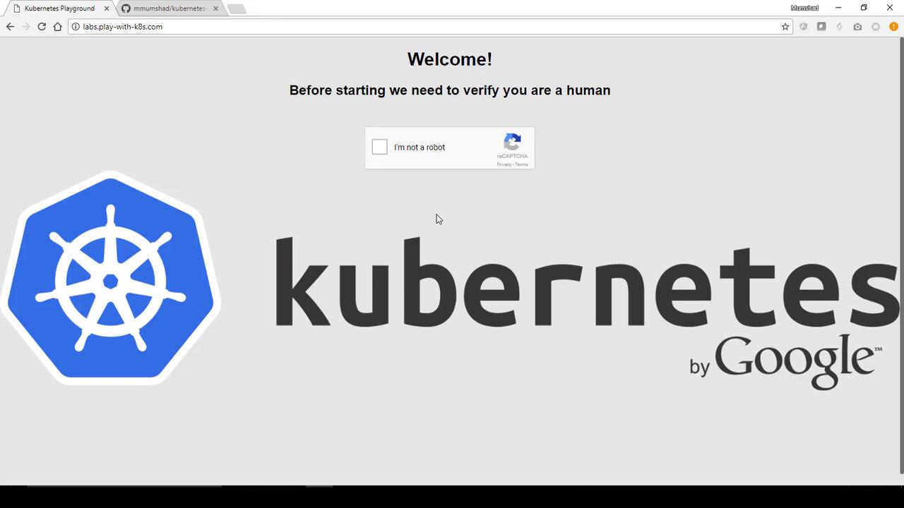 The image shows a Kubernetes login page with a reCAPTCHA verification, featuring the Kubernetes logo and branding by Google.