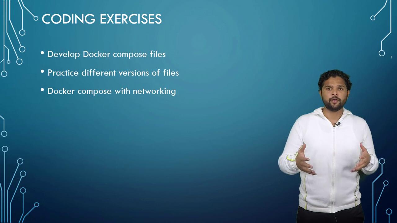 A person stands beside a presentation slide titled "Coding Exercises," listing tasks related to Docker compose files and networking.