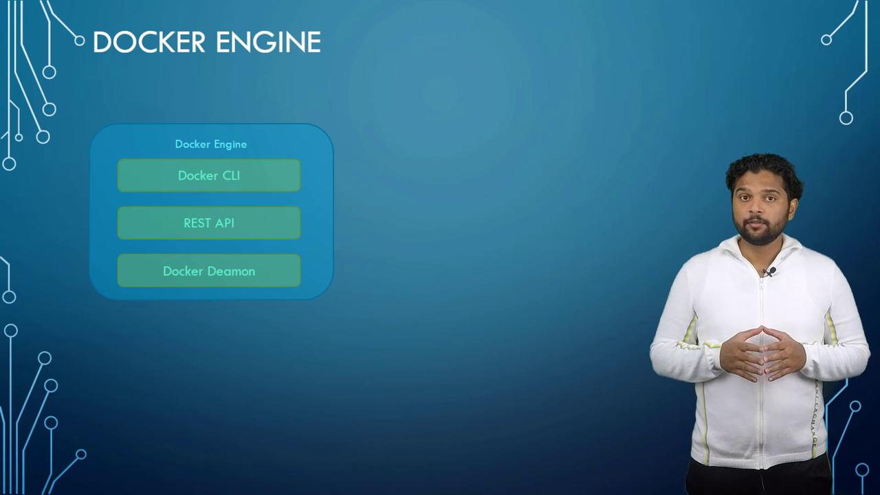 A person stands beside a diagram explaining Docker Engine components: Docker CLI, REST API, and Docker Daemon, on a blue background with circuit-like designs.
