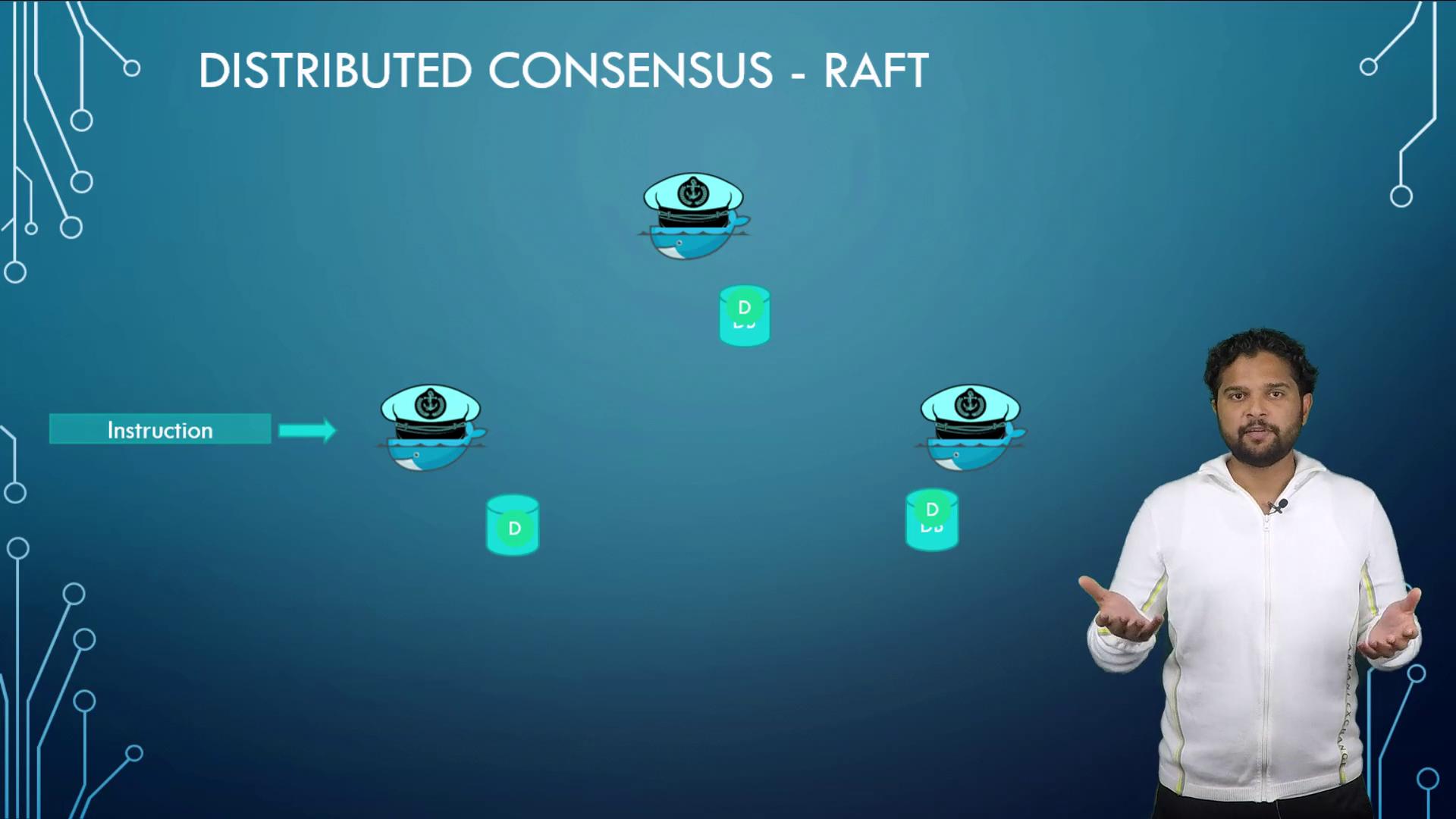 A person is explaining the RAFT distributed consensus algorithm, with a diagram showing nodes and instructions on a digital background.