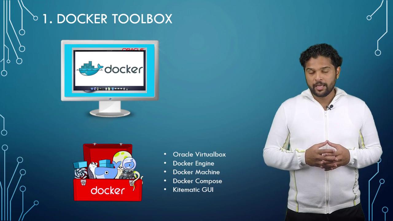 A presentation slide about Docker Toolbox, featuring a person speaking, a computer screen with the Docker logo, and a list of related components.