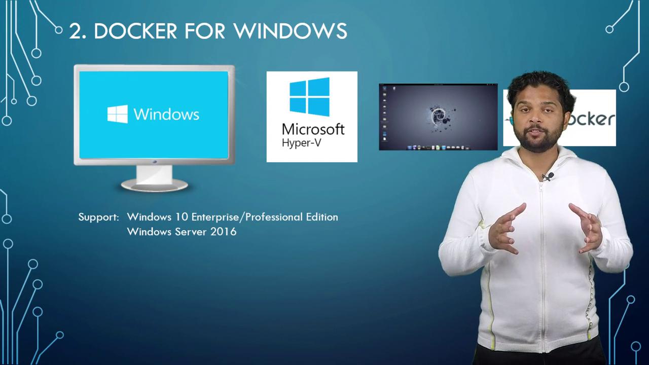 The image features a person discussing "Docker for Windows," highlighting Windows, Microsoft Hyper-V, and Docker logos, with support for Windows 10 Enterprise/Professional and Windows Server 2016.
