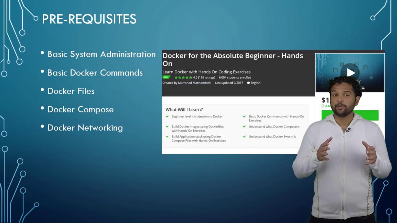 The image shows a presentation slide about Docker prerequisites and a course overview, featuring a person speaking.