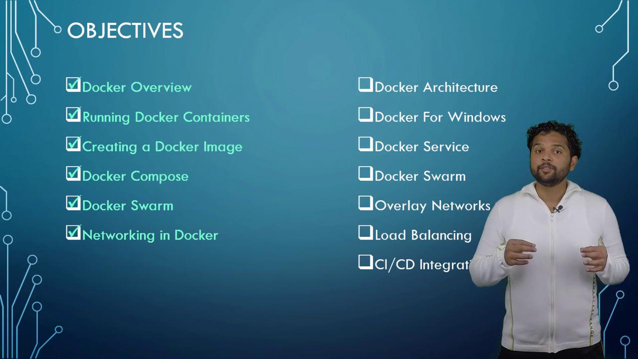 The image shows a list of Docker-related objectives, with some checked off, and a person presenting beside the list.