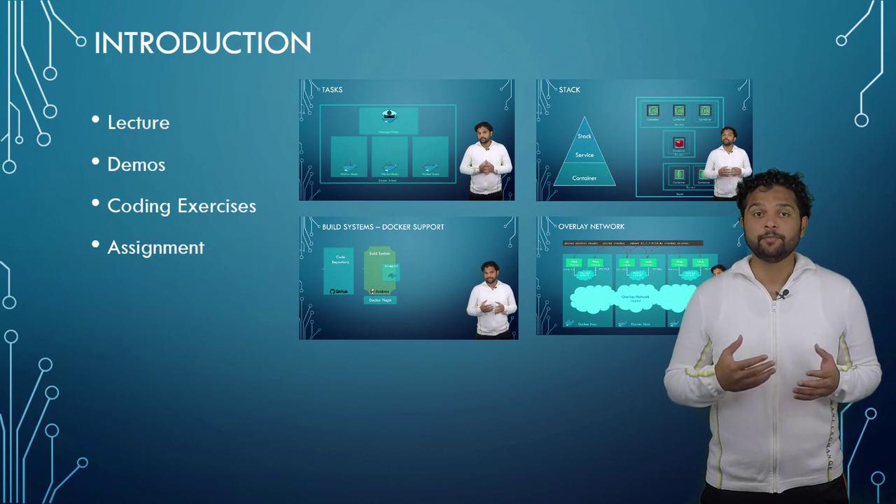 A presentation slide titled "Introduction" features a speaker, lecture topics, and diagrams on tasks, stack, build systems, and overlay network, with bullet points for lecture, demos, coding exercises, and assignment.