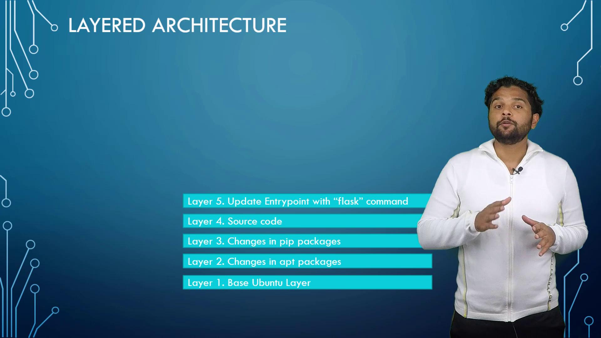 The image shows a person explaining a layered architecture with five layers, including Ubuntu base, package changes, source code, and entry point updates.
