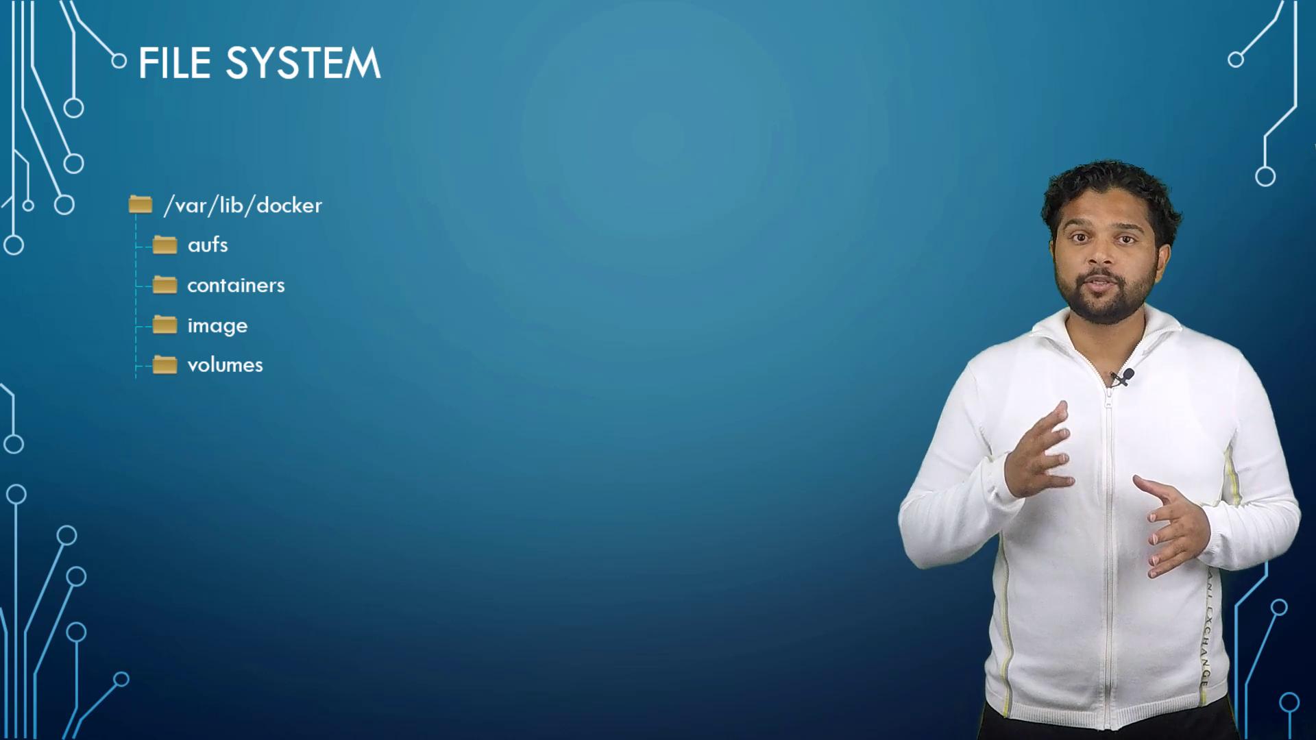 A person stands beside a diagram illustrating a file system structure, including directories like "aufs," "containers," "image," and "volumes," on a blue background.