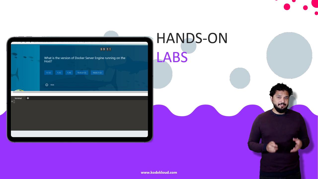A person stands beside a screen displaying a Docker Server Engine version quiz, with "HANDS-ON LABS" text and a website link at the bottom.