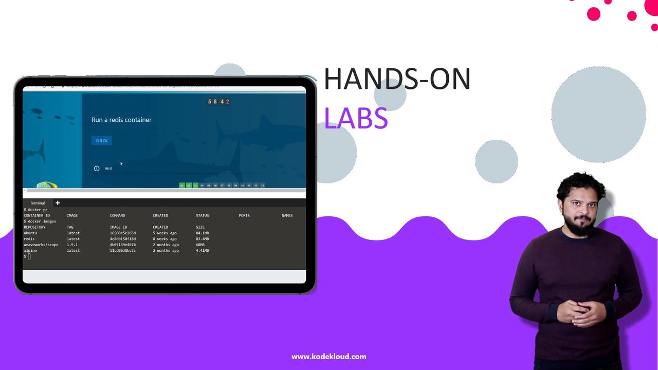 The image shows a person standing next to a screen displaying a Docker terminal and a "Run a redis container" task, with "HANDS-ON LABS" text above.