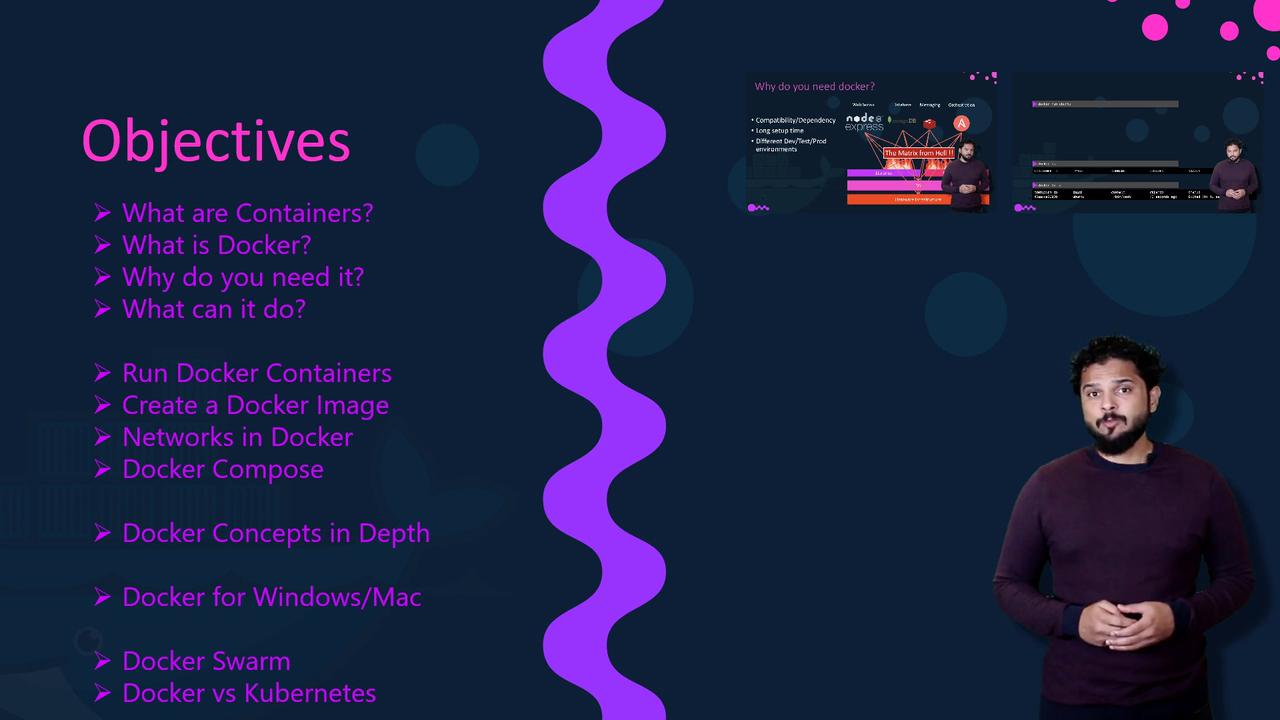 The image outlines objectives for a Docker presentation, covering topics like containers, Docker usage, Docker Compose, and comparisons with Kubernetes. A person is shown presenting.