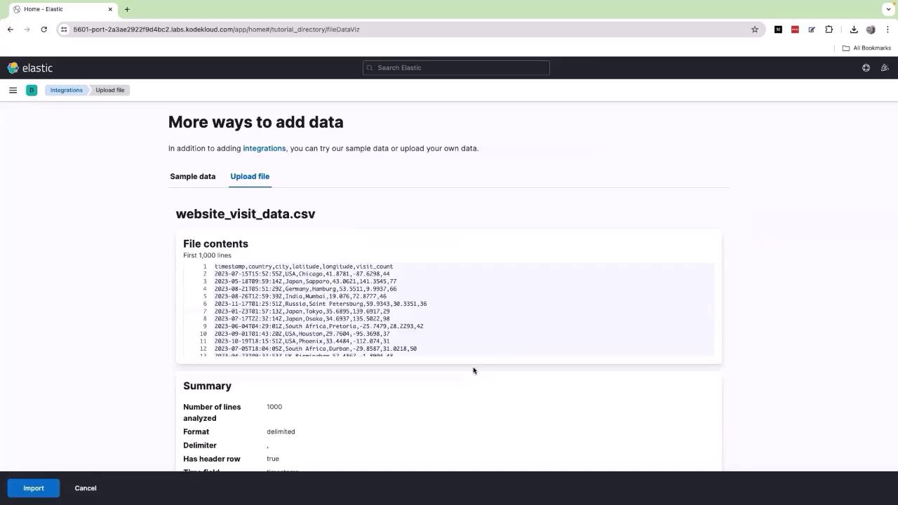 The image shows a webpage from Elastic where a CSV file named "website_visit_data.csv" is being uploaded, displaying its contents and a summary of the data.