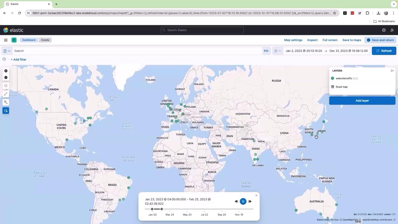The image shows a world map with various locations marked, likely representing website traffic data, displayed on an Elastic dashboard interface.
