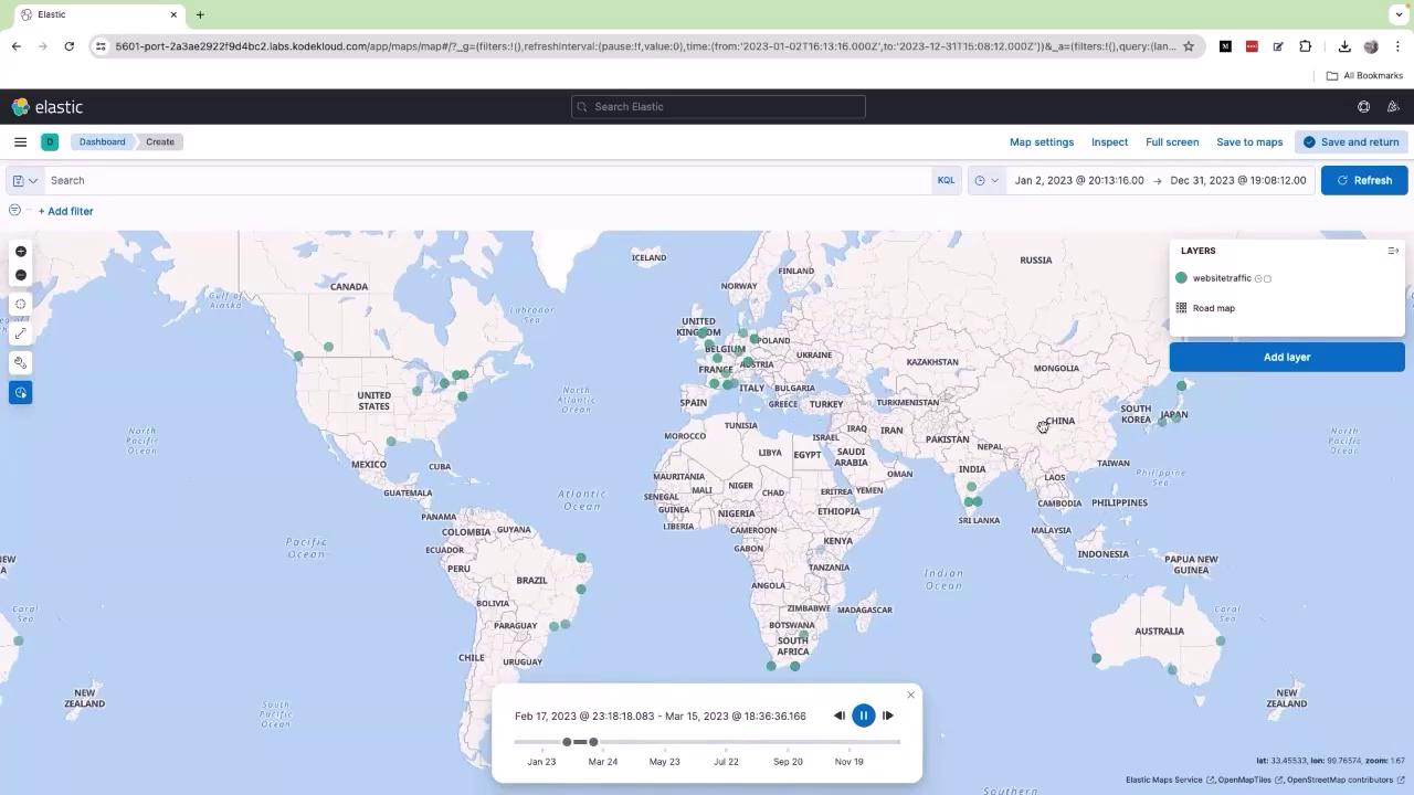 The image shows a world map with various data points marked, likely representing website traffic, using the Elastic platform. There is a timeline slider at the bottom for adjusting the date range of the data displayed.