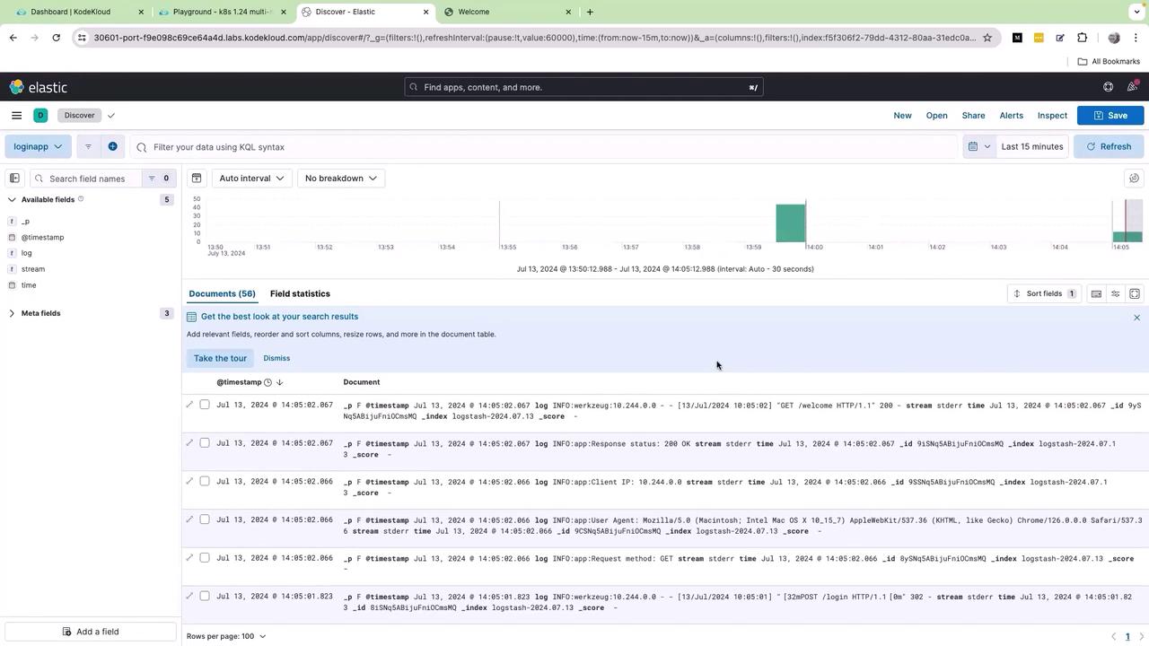 The image shows a dashboard from Elastic's Discover tool, displaying log data with a histogram and a list of documents containing log entries. The interface includes options for filtering and sorting the data.